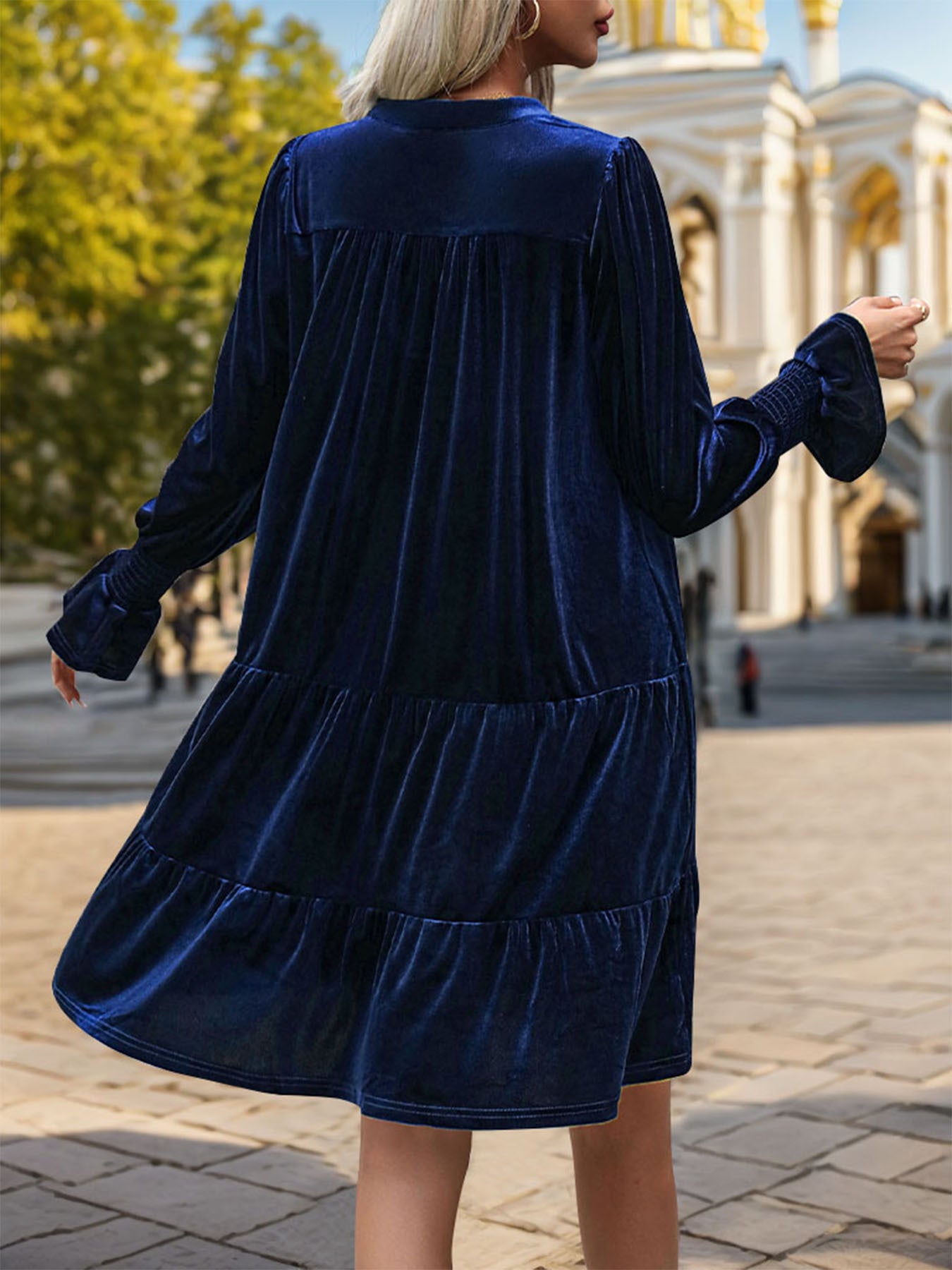 2024 Women’s Elegant Velvet Long Sleeve Dress Casual Fall V Neck A Line Babydoll Flowy Formal Wedding Party Mini Dress - Seldom Seen Styles
