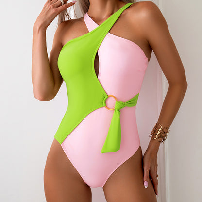 2024New Style  Color-Block One-Piece Swimsuit for Women Nylon Swimwear Source - Seldom Seen Styles