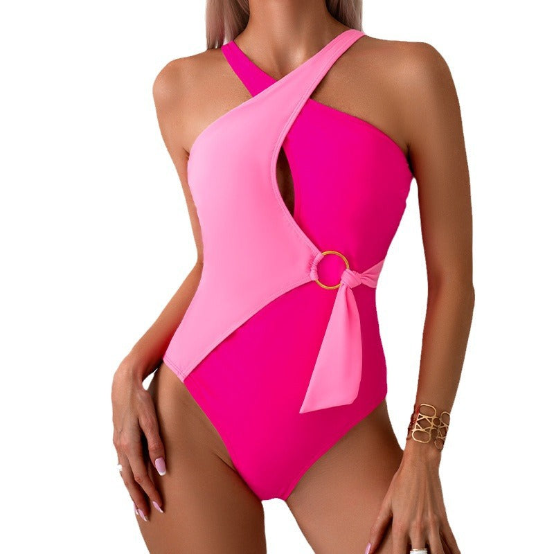 2024New Style  Color-Block One-Piece Swimsuit for Women Nylon Swimwear Source - Seldom Seen Styles
