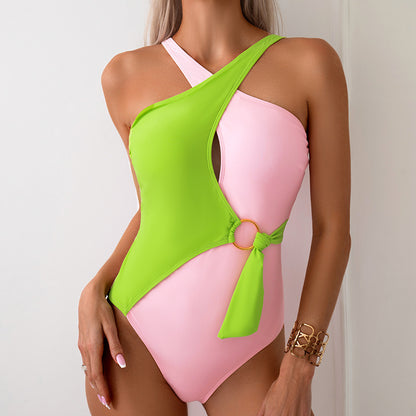 2024New Style  Color-Block One-Piece Swimsuit for Women Nylon Swimwear Source - Seldom Seen Styles