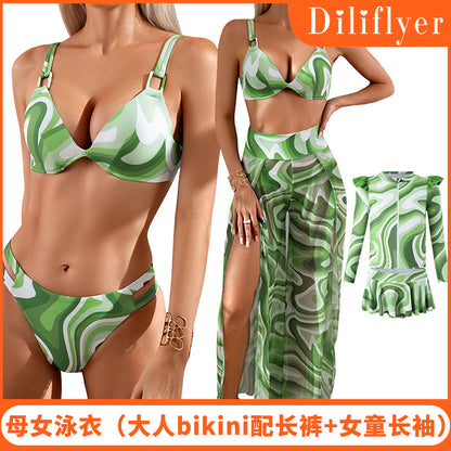2024New Style Swimsuit Bikini Three-Piece Set Mesh Print Long Pants Swimwear swimwear - Seldom Seen Styles