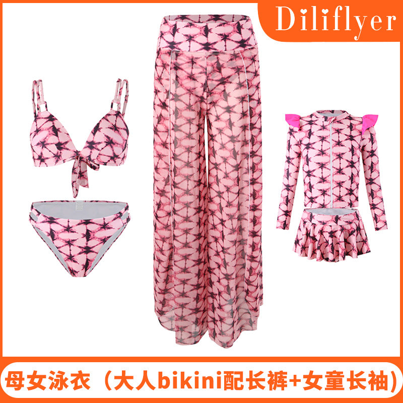2024New Style Swimsuit Bikini Three-Piece Set Mesh Print Long Pants Swimwear swimwear - Seldom Seen Styles