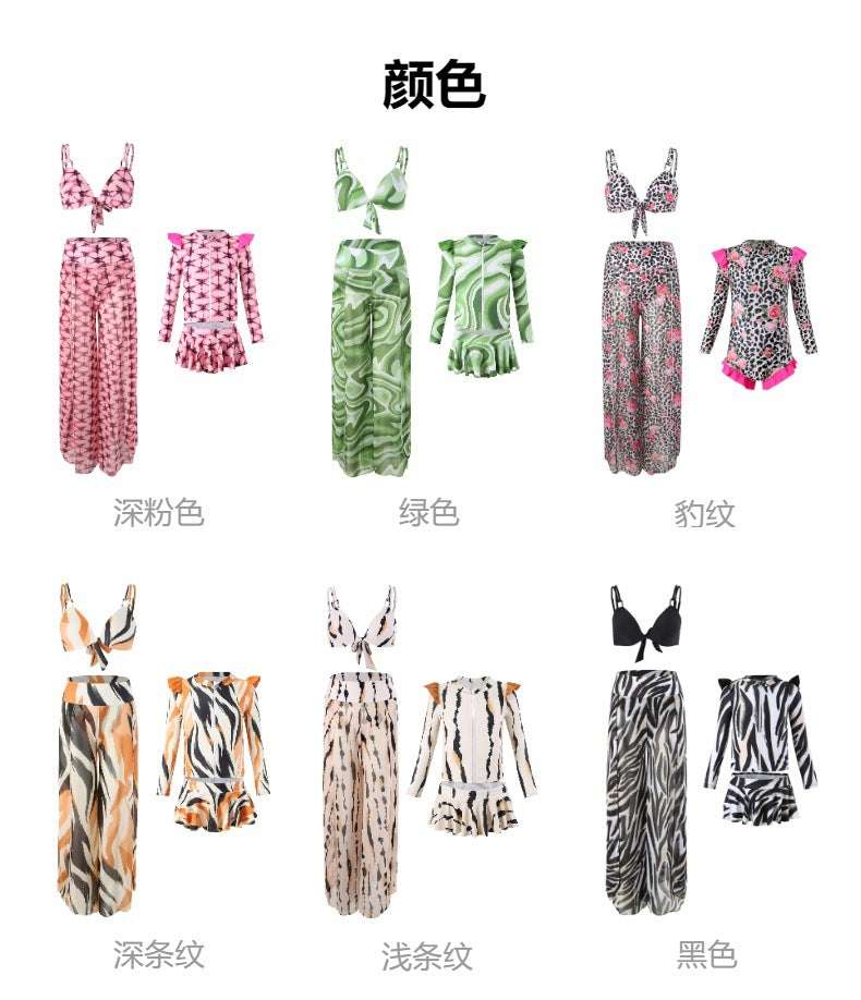 2024New Style Swimsuit Bikini Three-Piece Set Mesh Print Long Pants Swimwear swimwear - Seldom Seen Styles