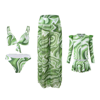 2024New Style Swimsuit Bikini Three-Piece Set Mesh Print Long Pants Swimwear swimwear - Seldom Seen Styles
