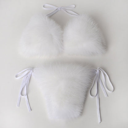 Women's Faux Fur Halter String Triangle Bikini Sets Two Piece Swimsuits - Seldom Seen Styles
