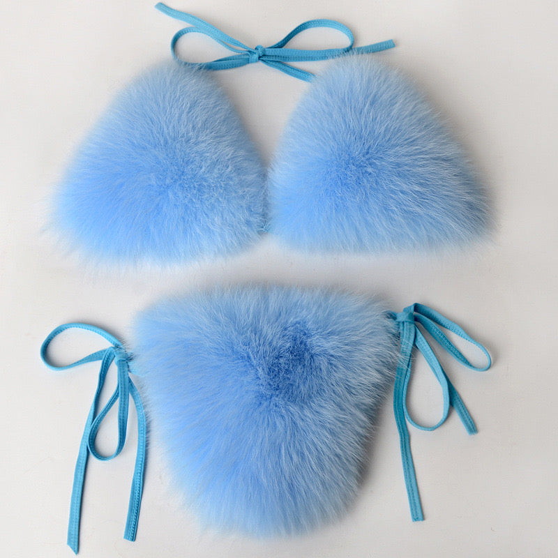 Women's Faux Fur Halter String Triangle Bikini Sets Two Piece Swimsuits - Seldom Seen Styles