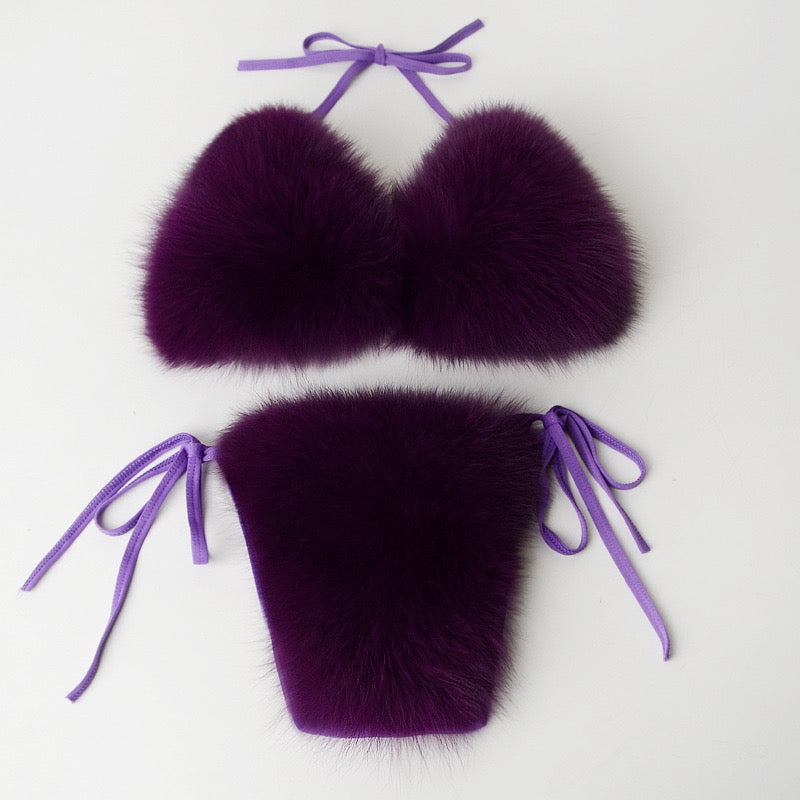 Women's Faux Fur Halter String Triangle Bikini Sets Two Piece Swimsuits - Seldom Seen Styles