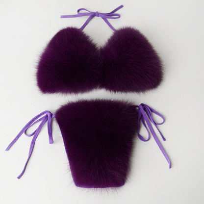 Women's Faux Fur Halter String Triangle Bikini Sets Two Piece Swimsuits - Seldom Seen Styles