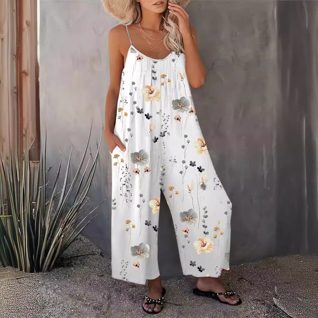 2025 Summer New Women's Casual Ladies' Strap Jumpsuit Pants New Printed Sleeveless Romper for Women - Seldom Seen Styles