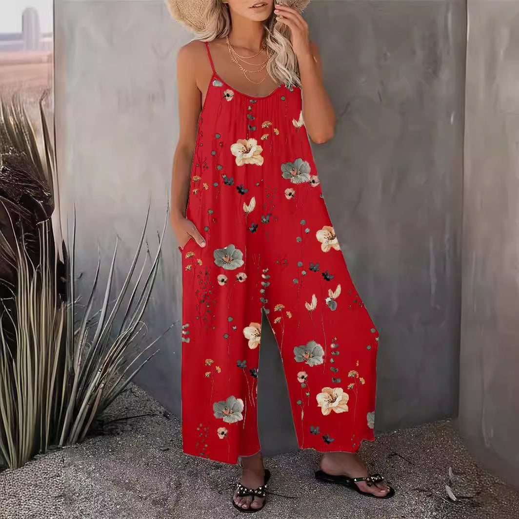 2025 Summer New Women's Casual Ladies' Strap Jumpsuit Pants New Printed Sleeveless Romper for Women - Seldom Seen Styles