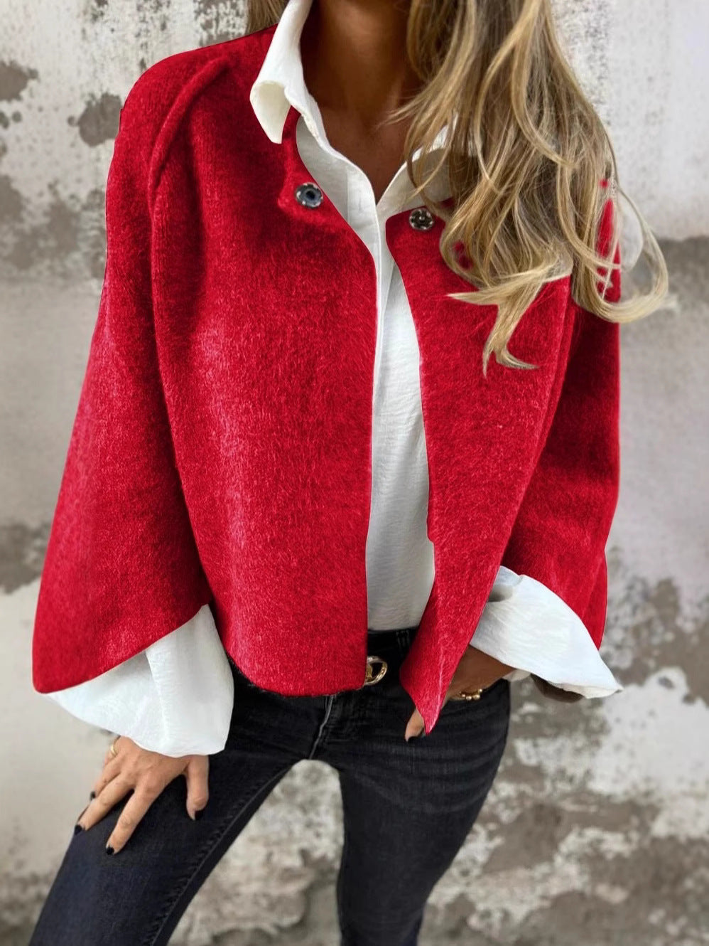 2025 Winter Women's Solid Color Annie Loose Short Cashmere Fabric Batwing Sleeve Jacket for Women - Seldom Seen Styles