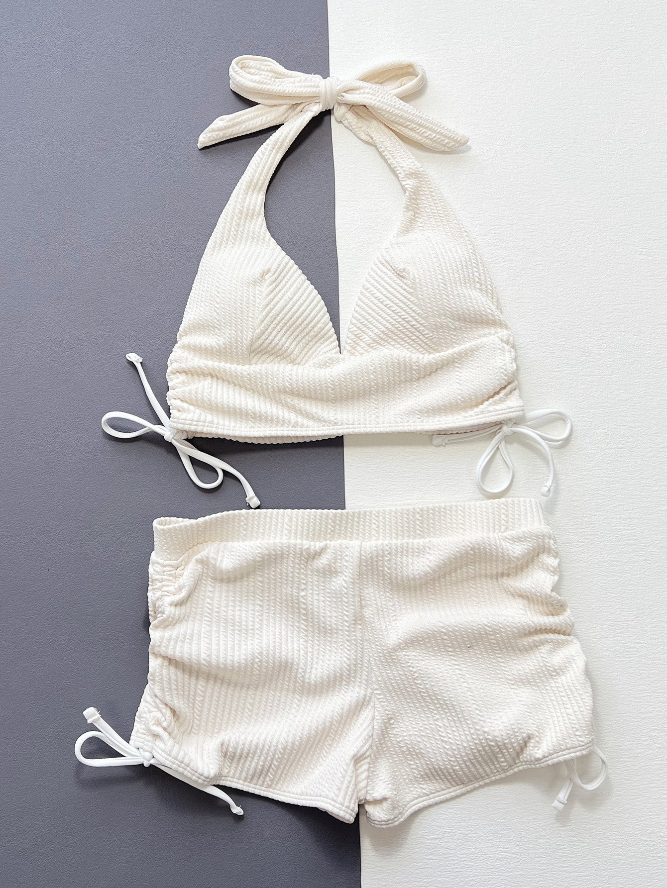 2025 Women's Two-Piece Swimsuit Triangle Ribbed Elegant Solid Color Bikini Swimwear bikiniD550R - Seldom Seen Styles