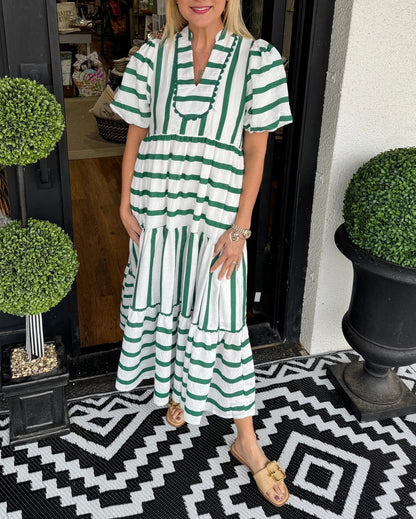 Women's Short Bubble Sleeve Striped Dress With Pockets