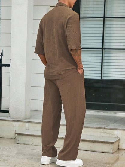 2025Spring New Commuter Suit Shirt Solid Color Short Sleeve Long Pants Men's Two-Piece Casual Set - Seldom Seen Styles