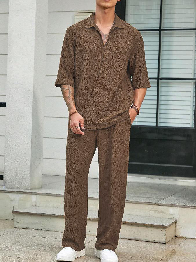 2025Spring New Commuter Suit Shirt Solid Color Short Sleeve Long Pants Men's Two-Piece Casual Set - Seldom Seen Styles