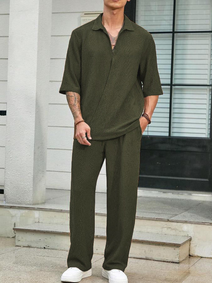 2025Spring New Commuter Suit Shirt Solid Color Short Sleeve Long Pants Men's Two-Piece Casual Set - Seldom Seen Styles