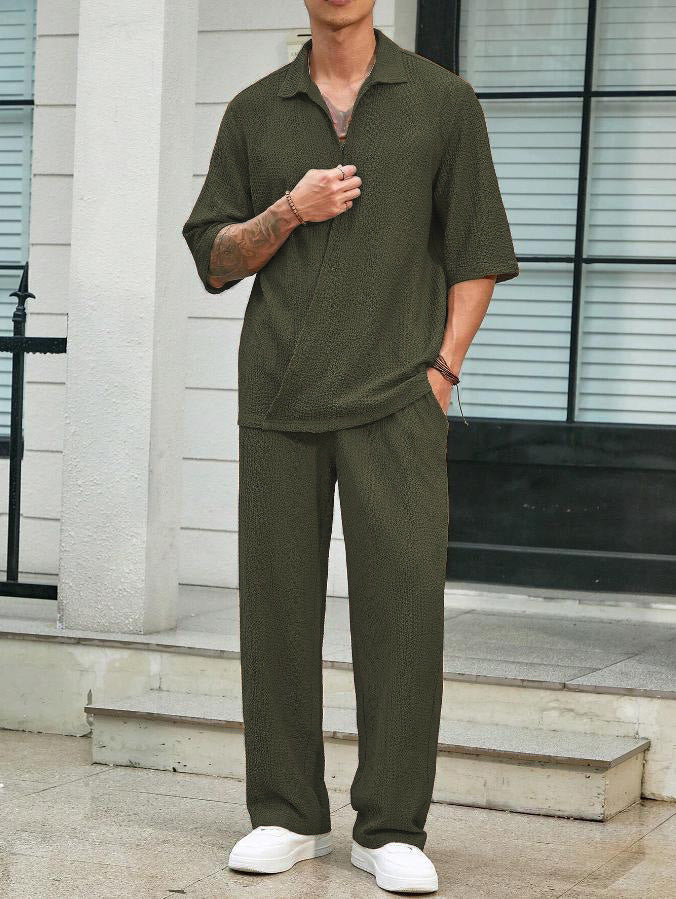 2025Spring New Commuter Suit Shirt Solid Color Short Sleeve Long Pants Men's Two-Piece Casual Set - Seldom Seen Styles