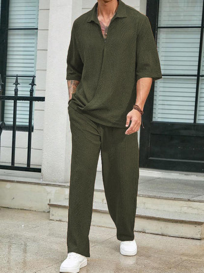 2025Spring New Commuter Suit Shirt Solid Color Short Sleeve Long Pants Men's Two-Piece Casual Set - Seldom Seen Styles