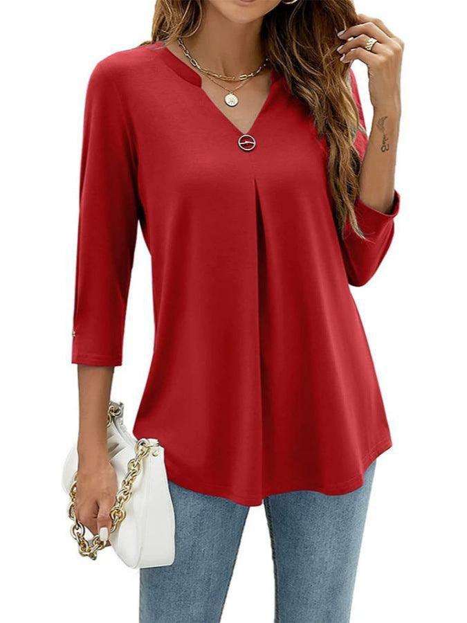 2025Spring Summer New Women's Elegant Seven-Quarter Sleeve Solid Color V Pleated with Snap Buttons T Shirt Top - Seldom Seen Styles