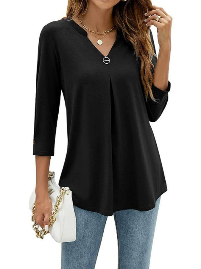 2025Spring Summer New Women's Elegant Seven-Quarter Sleeve Solid Color V Pleated with Snap Buttons T Shirt Top - Seldom Seen Styles