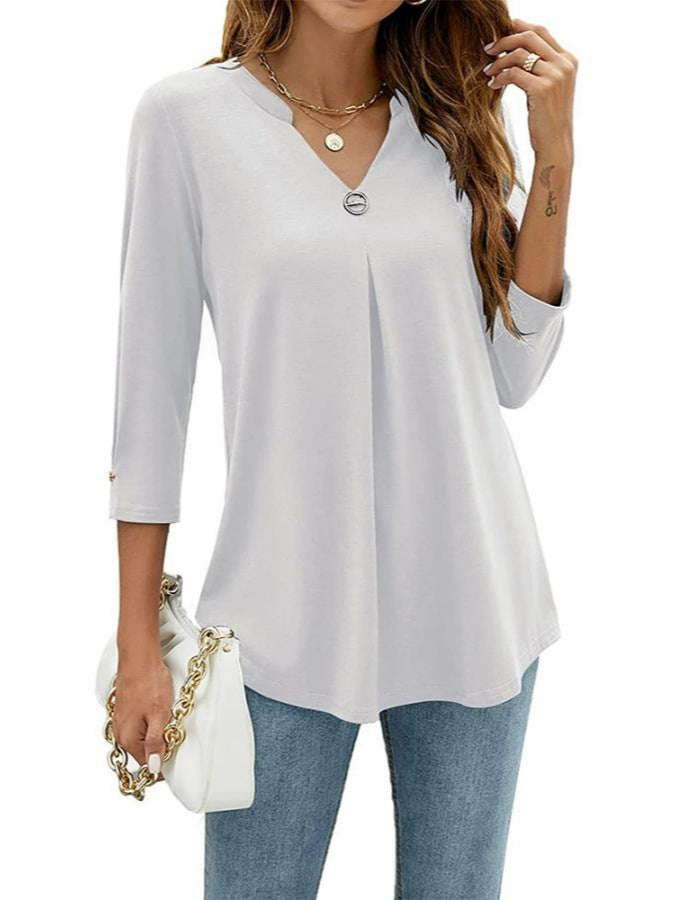 2025Spring Summer New Women's Elegant Seven-Quarter Sleeve Solid Color V Pleated with Snap Buttons T Shirt Top - Seldom Seen Styles