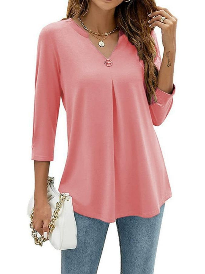 2025Spring Summer New Women's Elegant Seven-Quarter Sleeve Solid Color V Pleated with Snap Buttons T Shirt Top - Seldom Seen Styles