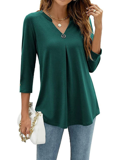 2025Spring Summer New Women's Elegant Seven-Quarter Sleeve Solid Color V Pleated with Snap Buttons T Shirt Top - Seldom Seen Styles