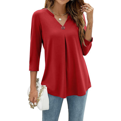 2025Spring Summer New Women's Elegant Seven-Quarter Sleeve Solid Color V Pleated with Snap Buttons T Shirt Top - Seldom Seen Styles