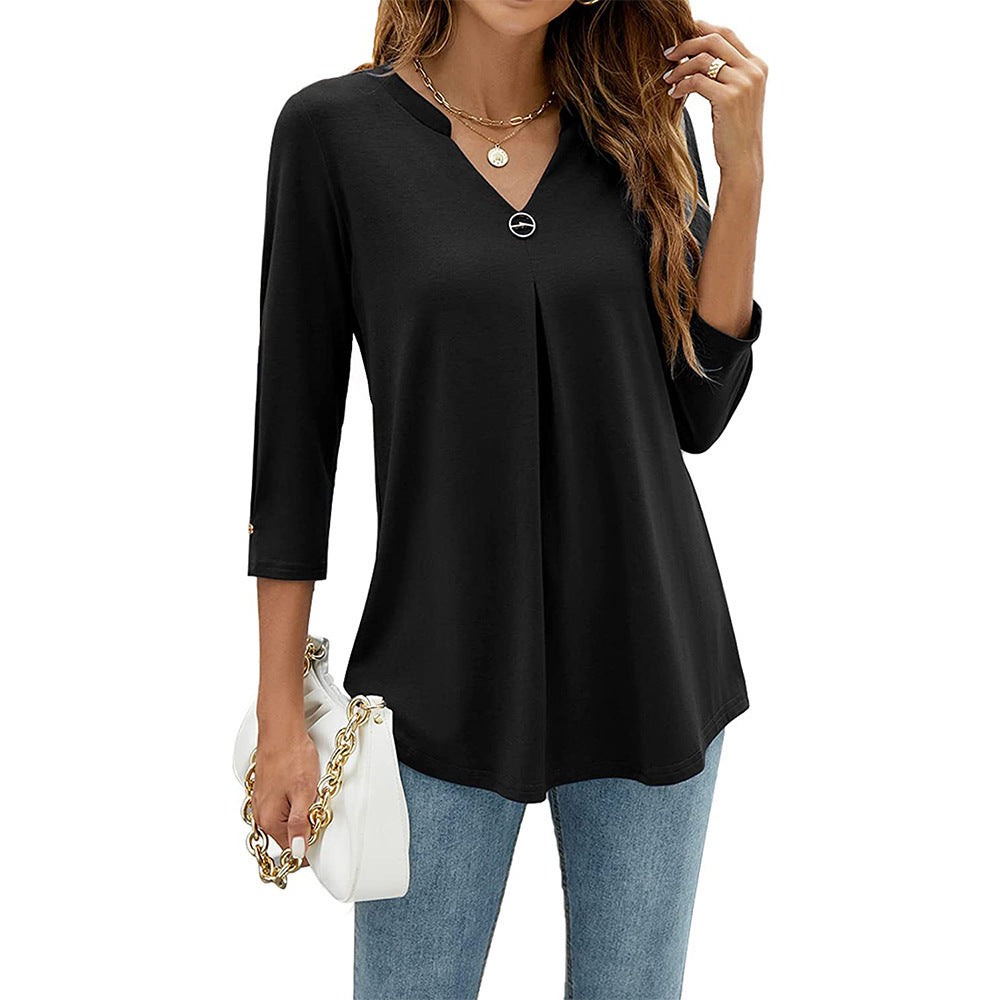 2025Spring Summer New Women's Elegant Seven-Quarter Sleeve Solid Color V Pleated with Snap Buttons T Shirt Top - Seldom Seen Styles