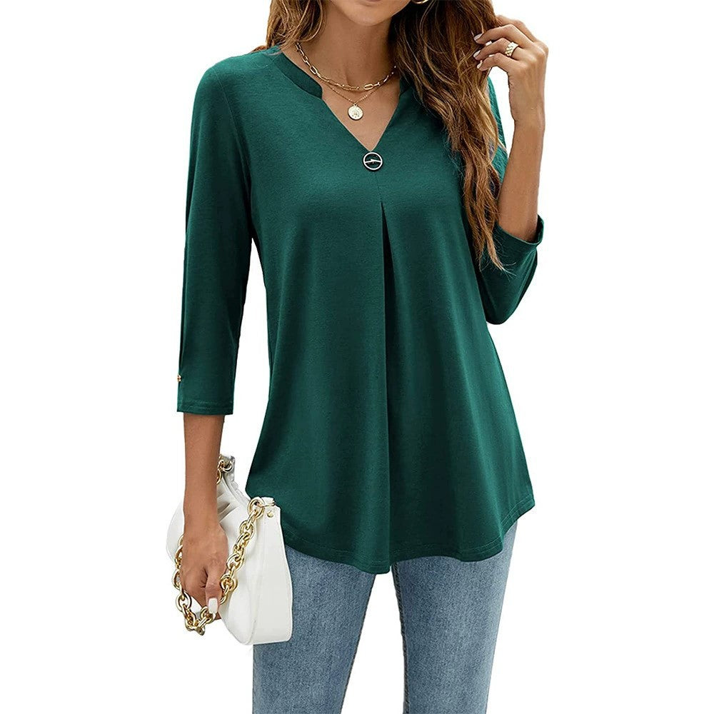 2025Spring Summer New Women's Elegant Seven-Quarter Sleeve Solid Color V Pleated with Snap Buttons T Shirt Top - Seldom Seen Styles