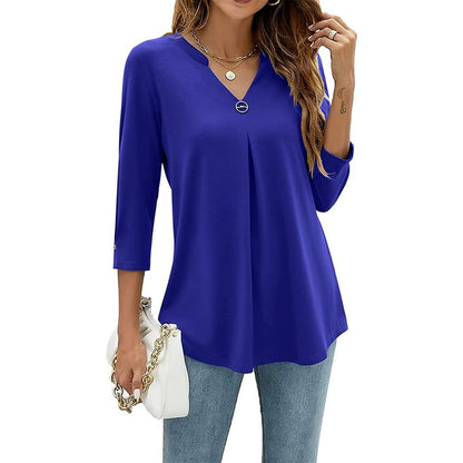 2025Spring Summer New Women's Elegant Seven-Quarter Sleeve Solid Color V Pleated with Snap Buttons T Shirt Top - Seldom Seen Styles
