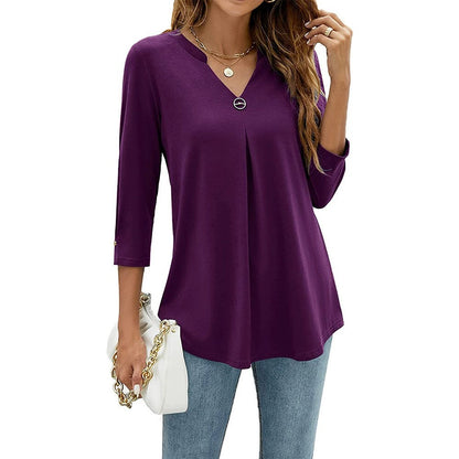 2025Spring Summer New Women's Elegant Seven-Quarter Sleeve Solid Color V Pleated with Snap Buttons T Shirt Top - Seldom Seen Styles