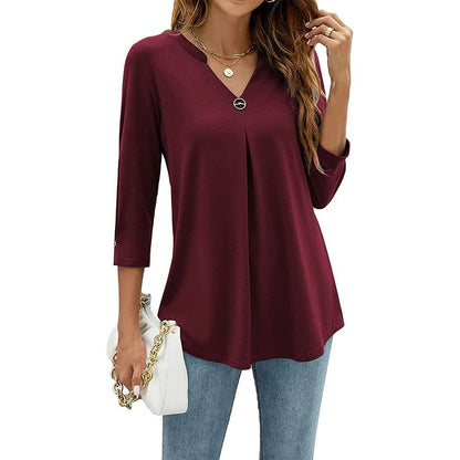 2025Spring Summer New Women's Elegant Seven-Quarter Sleeve Solid Color V Pleated with Snap Buttons T Shirt Top - Seldom Seen Styles