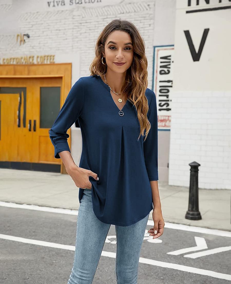 2025Spring Summer New Women's Elegant Seven-Quarter Sleeve Solid Color V Pleated with Snap Buttons T Shirt Top - Seldom Seen Styles