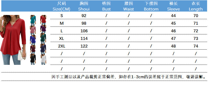 2025Spring Summer New Women's Elegant Seven-Quarter Sleeve Solid Color V Pleated with Snap Buttons T Shirt Top - Seldom Seen Styles