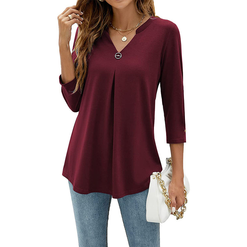 2025Spring Summer New Women's Elegant Seven-Quarter Sleeve Solid Color V Pleated with Snap Buttons T Shirt Top - Seldom Seen Styles