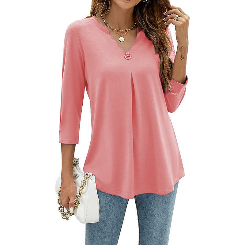 2025Spring Summer New Women's Elegant Seven-Quarter Sleeve Solid Color V Pleated with Snap Buttons T Shirt Top - Seldom Seen Styles