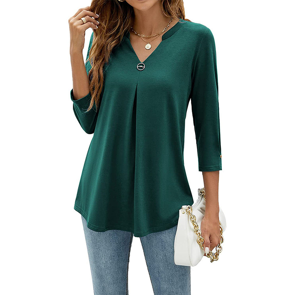 2025Spring Summer New Women's Elegant Seven-Quarter Sleeve Solid Color V Pleated with Snap Buttons T Shirt Top - Seldom Seen Styles
