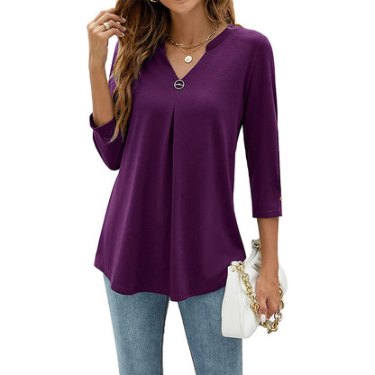 2025Spring Summer New Women's Elegant Seven-Quarter Sleeve Solid Color V Pleated with Snap Buttons T Shirt Top - Seldom Seen Styles