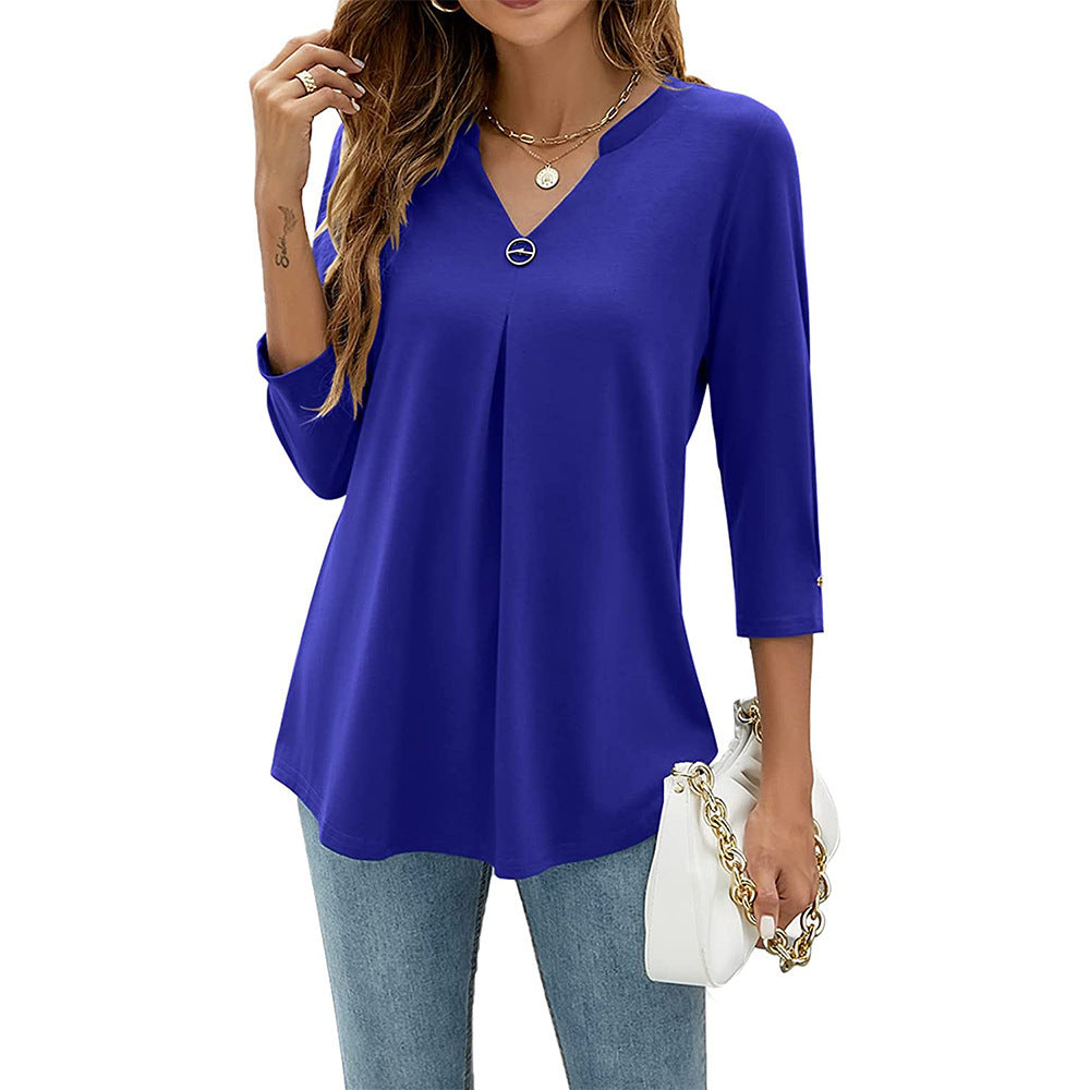 2025Spring Summer New Women's Elegant Seven-Quarter Sleeve Solid Color V Pleated with Snap Buttons T Shirt Top - Seldom Seen Styles