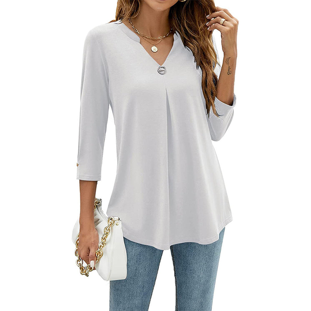 2025Spring Summer New Women's Elegant Seven-Quarter Sleeve Solid Color V Pleated with Snap Buttons T Shirt Top - Seldom Seen Styles