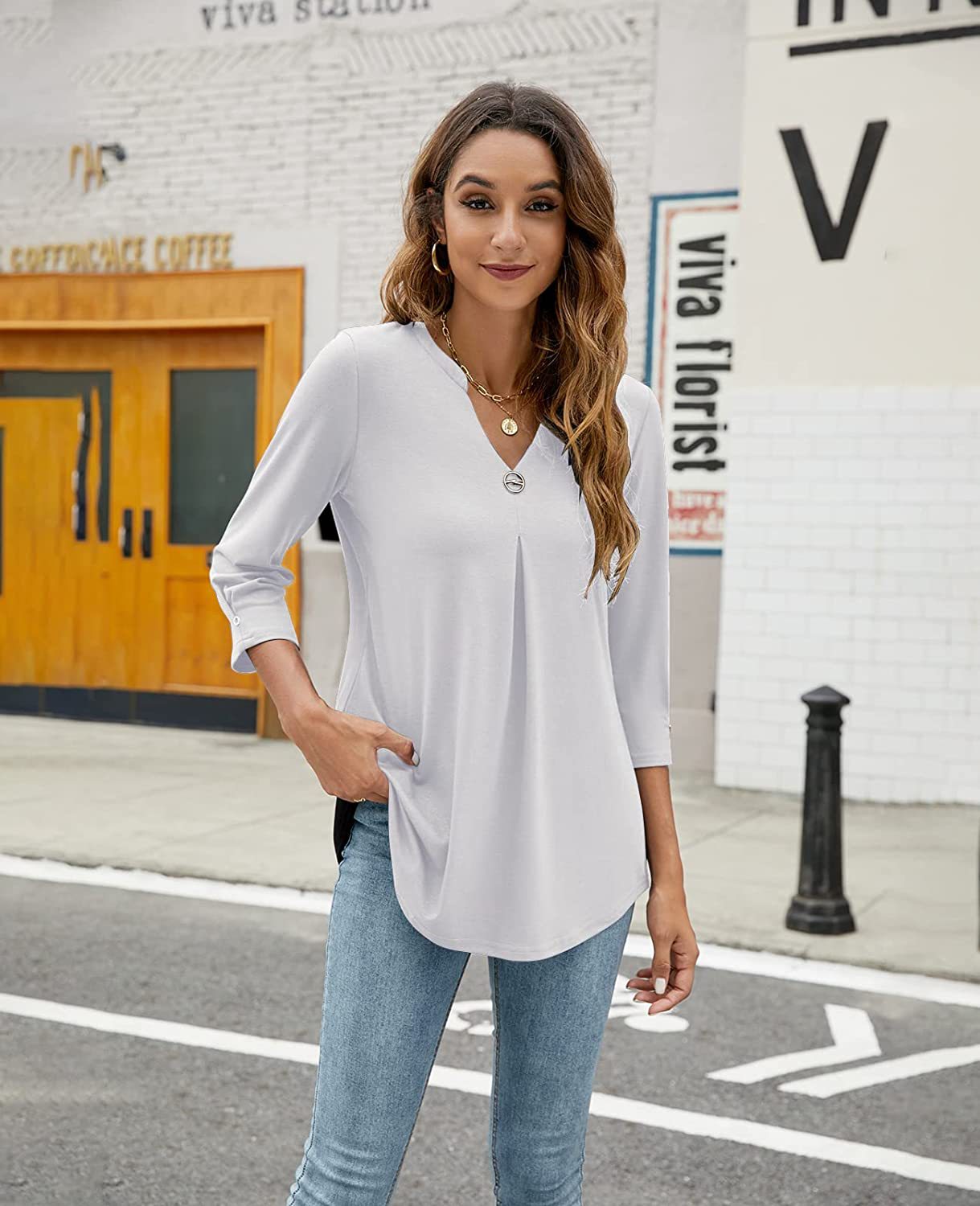 2025Spring Summer New Women's Elegant Seven-Quarter Sleeve Solid Color V Pleated with Snap Buttons T Shirt Top - Seldom Seen Styles
