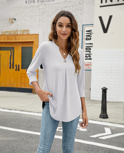 2025Spring Summer New Women's Elegant Seven-Quarter Sleeve Solid Color V Pleated with Snap Buttons T Shirt Top - Seldom Seen Styles