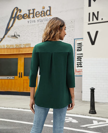 2025Spring Summer New Women's Elegant Seven-Quarter Sleeve Solid Color V Pleated with Snap Buttons T Shirt Top - Seldom Seen Styles