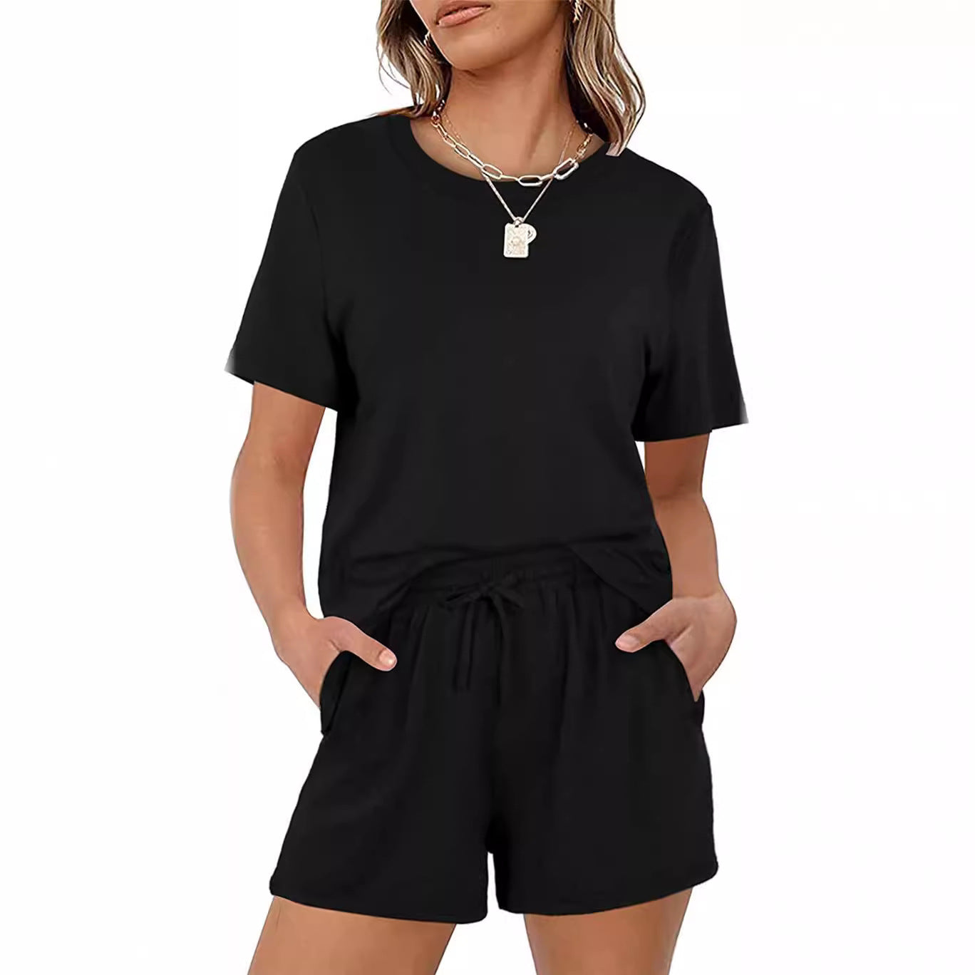 2025Summer New Women's Two-Piece Set Solid Color Short Sleeve T Casual T-shirt and Shorts Set for Women - Seldom Seen Styles