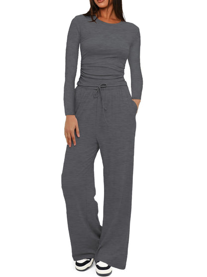 2025Women's Spring Solid Color Casual Long Sleeve Top with High Waist Wide Leg Pants Tracksuit Set - Seldom Seen Styles