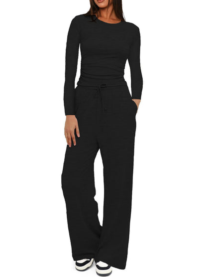 2025Women's Spring Solid Color Casual Long Sleeve Top with High Waist Wide Leg Pants Tracksuit Set - Seldom Seen Styles