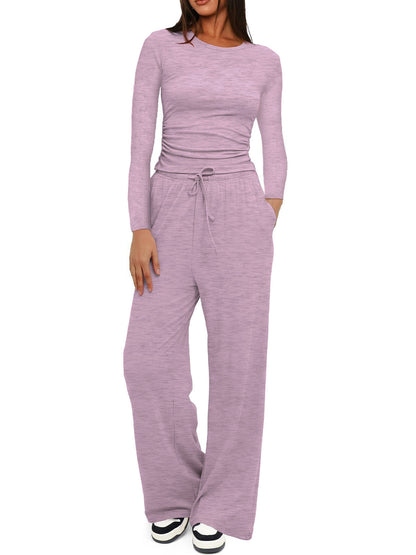 2025Women's Spring Solid Color Casual Long Sleeve Top with High Waist Wide Leg Pants Tracksuit Set - Seldom Seen Styles