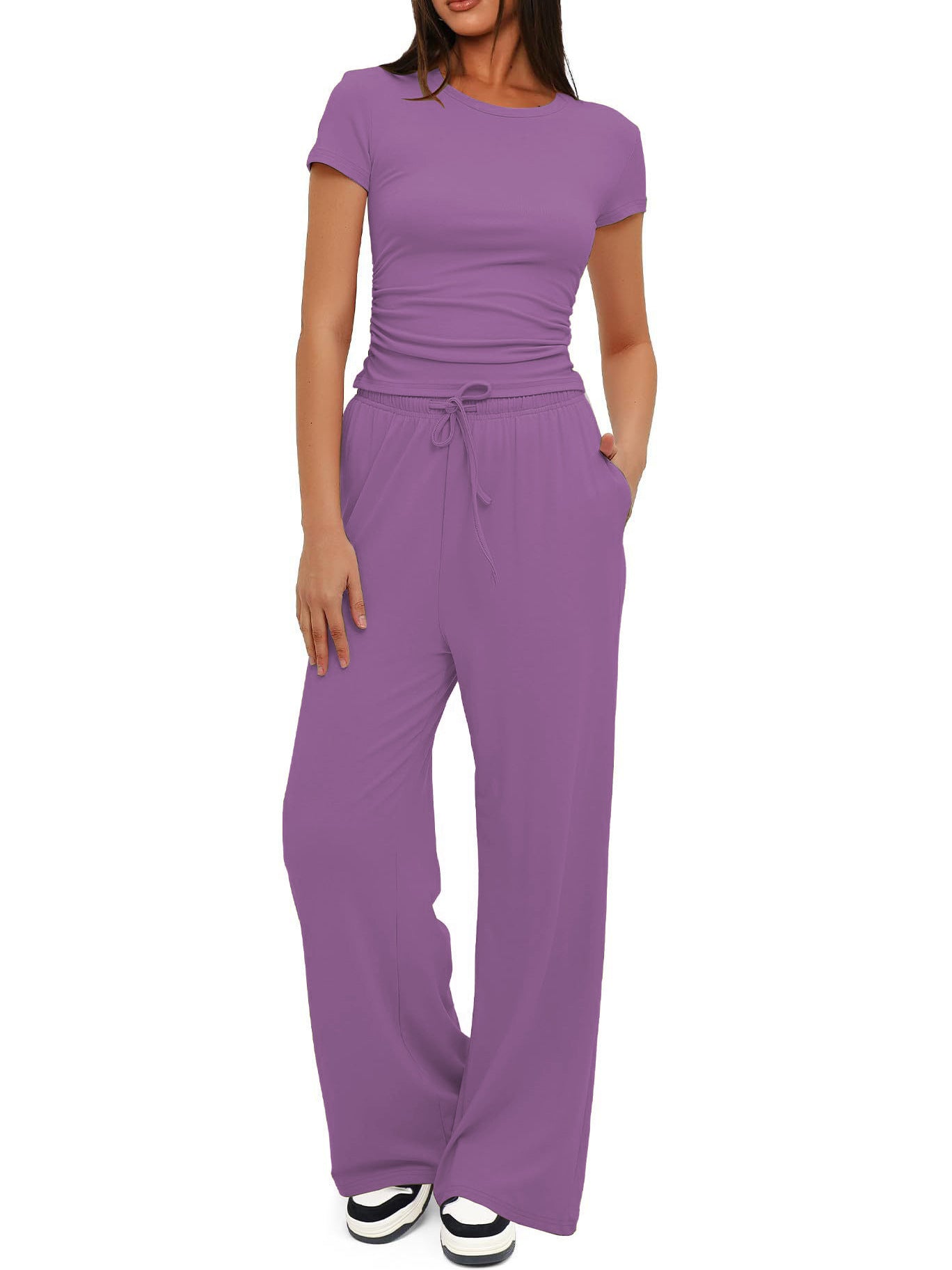 2025Women's Spring Solid Color Casual Long Sleeve Top with High Waist Wide Leg Pants Tracksuit Set - Seldom Seen Styles