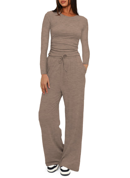2025Women's Spring Solid Color Casual Long Sleeve Top with High Waist Wide Leg Pants Tracksuit Set - Seldom Seen Styles